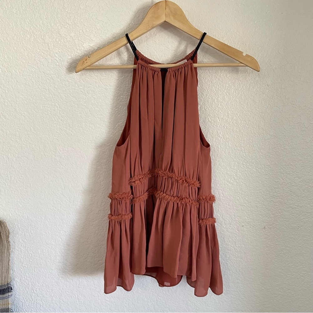 Cinq a Sept 100% Silk Tank Top Lotus Blouse Smocked Ruffle Flowy Peplum Orange